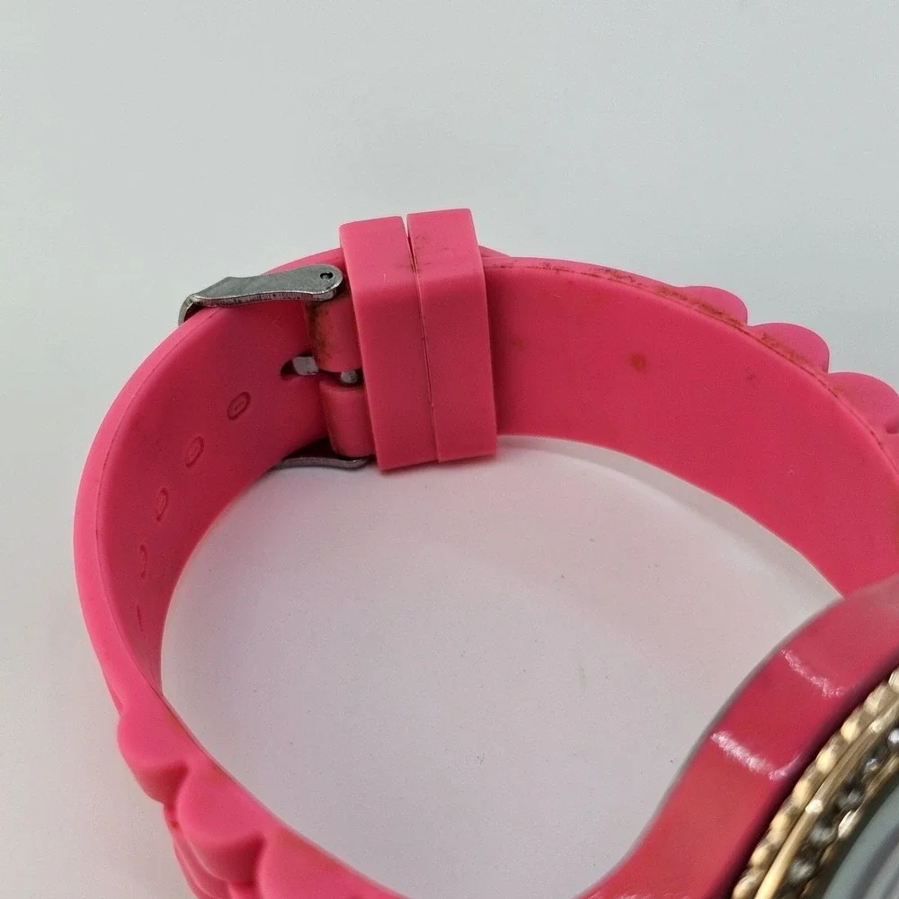 40MM Women's Watch Pink Dial Crystal Bezel Pink Plastic Band Straps‎ New Battery